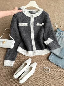 Grovea Plus Size Women's Colorblock Casual Elegant Versatile Daily Cardigan Office Formal Gray Autumn - Dark Grey - View 3