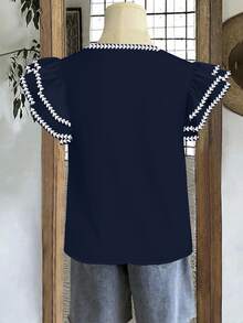 Mellowie Plus Size Women's Round Neck Contrast Color Casual Versatile Daily Wear Shirt - Navy Blue - View 5