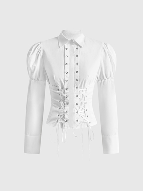 Women's White Blouse With Drawstring Eyelets, Leg-Of-Mutton Sleeves, Gothic Court Style, Unique Niche Design