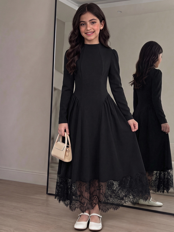 SHEIN Tween Girl Tween Girls Autumn/Winter Knitted Black Mock Neck Long Sleeve Lace Hem Dress, Suitable For Casual, Vacation, Back To School, Party, Daily Wear