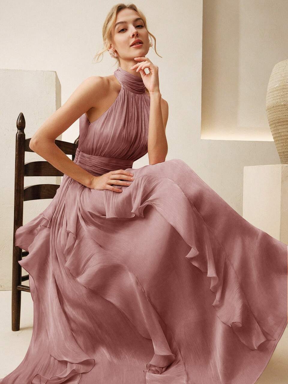 Women's New Summer Elegant Sleeveless Halter Neck Long Dress With Ruched Waist, Slimming Fit, Glossy Wavy Hem, Full Skirt, Green, Suitable For Banquet, Party, Gathering
