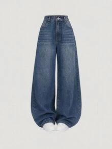 SHEIN ICON 女款寬腿鬆垮休閒百搭牛仔褲，附口袋 - 黑色 - 查看 4