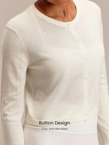 GLOWMODE Wool Blend Big Softie Cropped Knit Cardigan With Button Placket & Tonal Logo Embroidery Daily Casual Wear - White - View 3