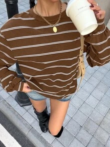 Muchica 女款條紋休閒百搭日常穿著長袖運動衫 - 咖啡棕 - 查看 3