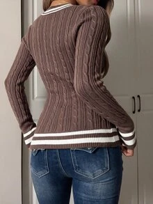 CovetEZ 女款拼色休閒百搭日常穿著長袖針織衫 - 咖啡棕 - 查看 2