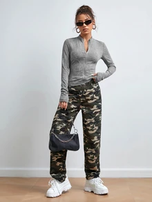 SHEIN EZwear 女款 Y2K 拉鍊拇指孔黑色夾克 秋冬款 - 淺灰色 - 查看 3