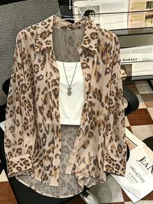 Plus Size Women's Leopard Print Single-Breasted Casual Daily Wear Shirt - Multicolor - View 1