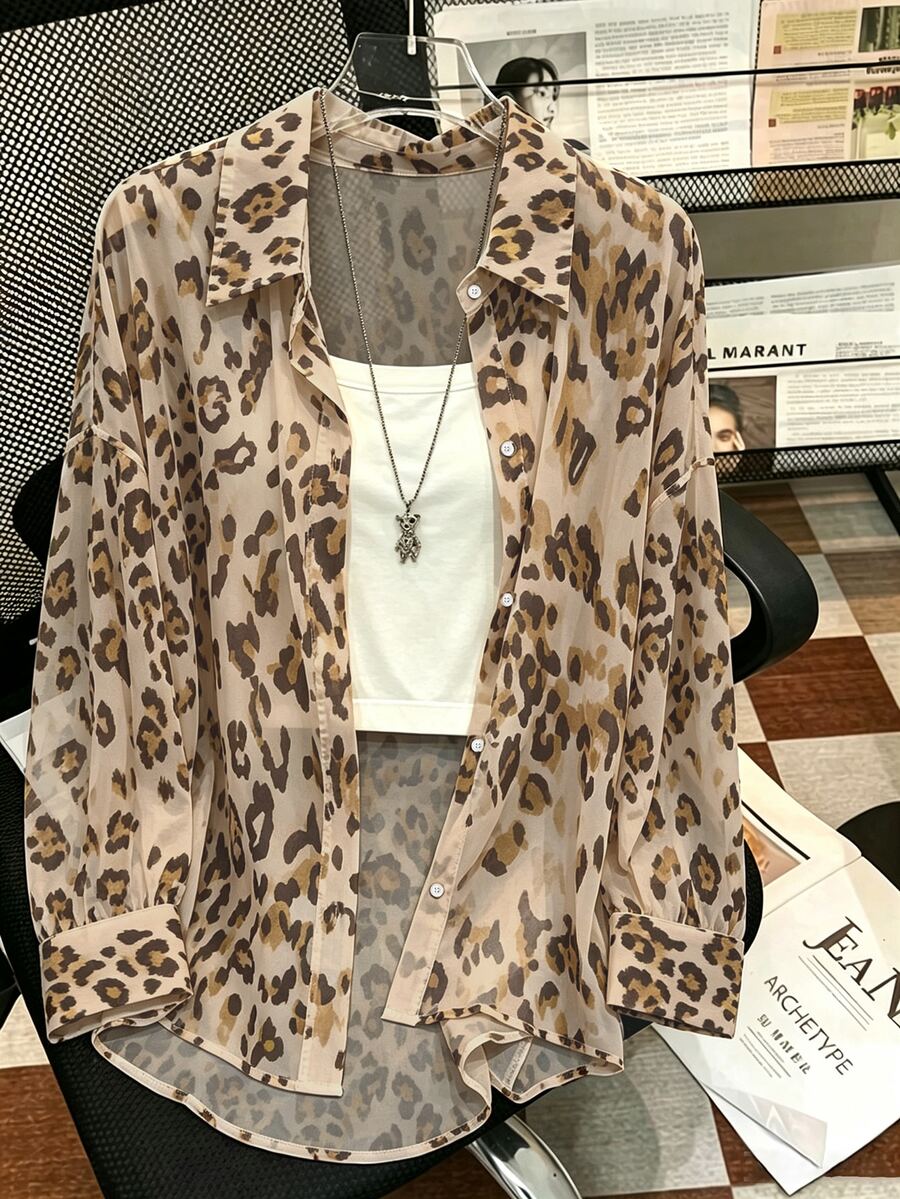 Plus Size Women's Leopard Print Single-Breasted Casual Daily Wear Shirt - Multicolor - View 1