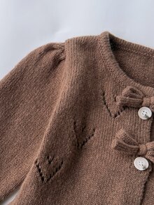 Sött stickat set för flickor med rosett och hålmönster, 2-delat set med volangkofta och lösa vida byxor, pullover för höst och vinter - Kaffebrun - Visa 3