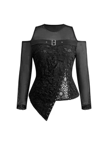 ROMWE Sexy Black Distressed Patchwork Floral Mesh Punk Gothic Style Asymmetric Plus Size Women's Top - Black - View 1