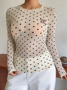 Betty Boop x DAZY Curve Plus Size Women Letter Print Polka Dot Fitted Versatile Base Layer Skin-Like T-Shirt, Spring/Autumn New Style - Beige - View 9