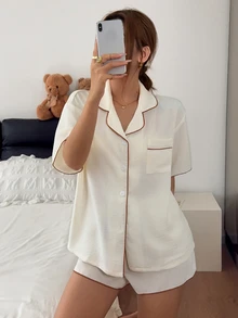 Napfluff Minimalist Contrast Trim Pajamas, Cute Bowknot Short Sleeve 2 Pieces Set - Apricot - View 6