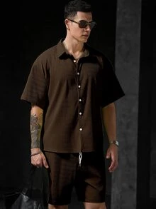 Genlund 男士紋理柔軟親膚條紋襯衫短褲套裝 - 咖啡棕 - 查看 4