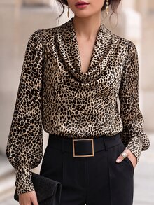 SHEIN Elegant Women's Blouses Leopard Print Puff Long Sleeve Shirts, Ruched Collar, French Vintage Autumn Fall Office Going Out Dinner/Date/Party Beige - Multicolor - View 4