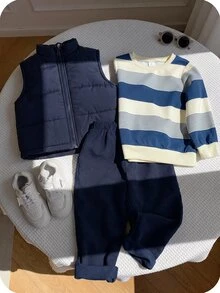 SHEIN 3pcs/Set Young Boy Autumn/Winter Cute Casual Versatile Fleece Lined Thick Vest Jacket, Khaki Striped Sweatshirt, Tracksuit Joggers Long Pants, Suitable For Indoor, Outdoor, Daily, Sports, Play, Party, Photo, Vacation, Holiday - Navy Blue - View 12
