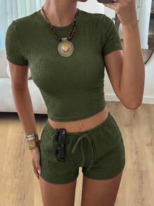 SHEIN EZwear 女款夏季休閒短袖T恤與短褲套裝 - 軍綠色 - 查看 4