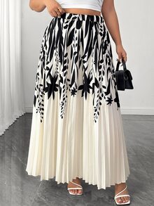 Elenzga Women's Plus Size Elegant Commute Printed Pleated A-Line Skirt Fall - Multicolor - View 3