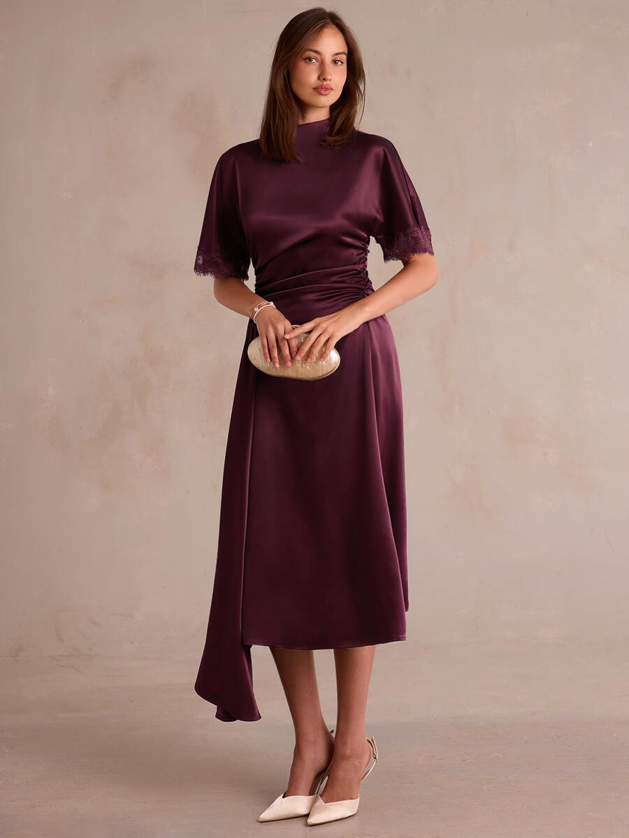 Enchnt Premium Fall Romantic Women's Elegant Purple Satin Lace Splicing Party Dress,Casual Dress,Festival Outfits,Evening Dress,Halloween,Homecoming - Red Violet - View 1