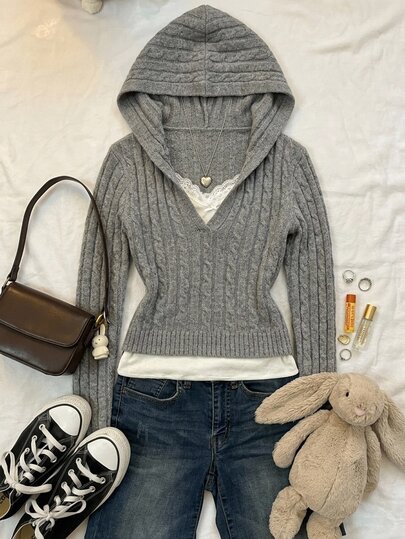 Attitoon Casual Minimalist Fitted Cable Knit Hooded Sweater For Women, Suitable For Autumn/Winter