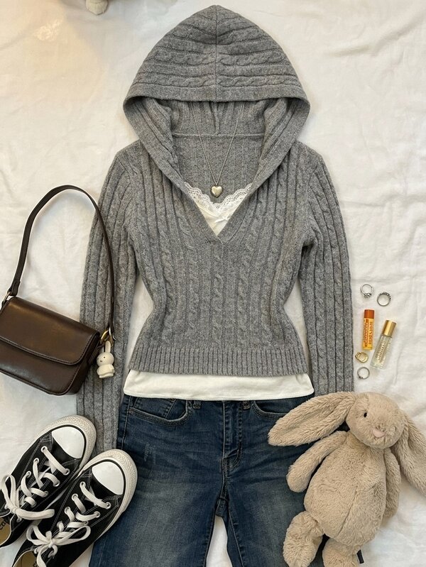 Attitoon Sweater Rajut Kabel Minimalis Kasual dengan Tudung untuk Wanita, Cocok untuk Musim Gugur/Dingin
