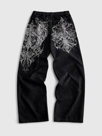 Street Life Teen Boys Loose Wide Leg Denim Jeans Y2K Back Pocket Vintage Dark Gothic Baroque Spiral Vine Pattern Print Hip Hop Skateboard Punk Streetwear Floor Length Washed Denim Pants Suitable For Daily, Outdoor, Skateboard, Streetwear
