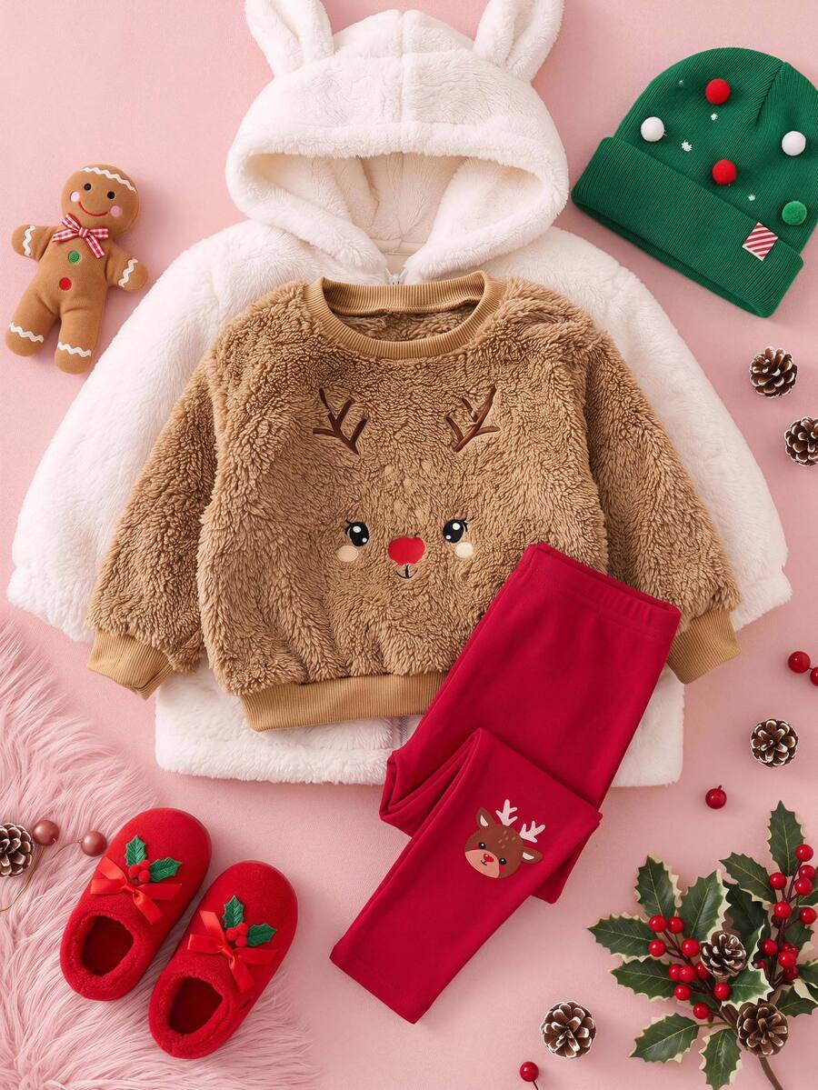 SHEIN Baby Girl Round Neck Faux Fur Cute Deer Pattern T-Shirt And Long Pants 2 Pieces Set - Multicolor - View 1