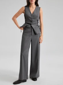 Ontre Women's Gray V-Neck Sleeveless Blazer And Straight-Leg Capri Pants, Urban Fashion Business Casual Office Work Wear, Elegant Commuter Suit Set Summer - Grey - View 7