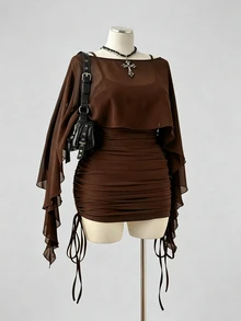 Sunspun Plus Size Spring/Summer Sheer Top & Slim Fit Drawstring Camisole Dress 2 Pieces Set - Coffee Brown - View 3