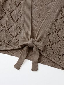 SHEIN Holidaya 女款夏季新穿搭，夏季上衣，女款夏季套裝，沙灘穿搭，女款象牙色鏤空針織開襟衫－V領 3/4 袖，菱形鏤空圖案，腰部自綁結，浪漫波希米亞魅力與休閒疊穿風格 - 棕色 - 查看 4