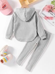Elladie kids 女童新款灰色連帽長袖上衣與鬆緊腰休閒寬鬆軟針織長褲兩件套，春秋款 - 淺灰色 - 查看 2