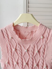 SHEIN 少女秋冬休閒優雅紋理提花綴珠無袖針織背心，適合秋季出遊，可搭配白襯衫，開學季與日常穿著皆宜 - 粉色 - 查看 6