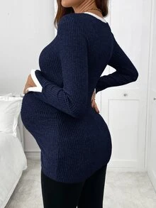 SHEIN 孕婦休閒拼接飾邊長袖T恤，秋季 - 藏蓝色 - 查看 2