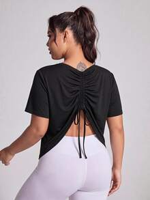 Dewbera Dewbera Women's Plus Size Drawstring Back Sports T-Shirt - Black - View 1