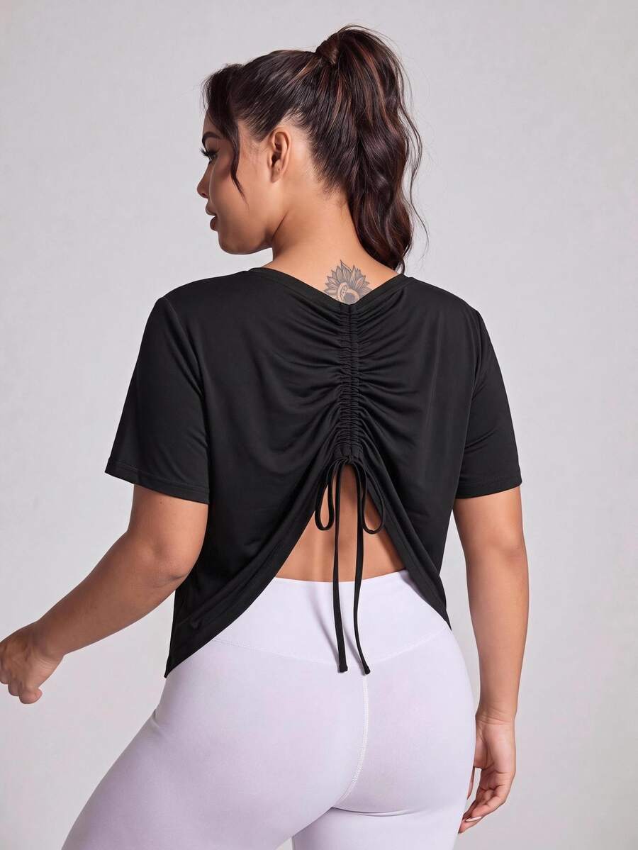 Dewbera Dewbera Women's Plus Size Drawstring Back Sports T-Shirt - Black - View 1