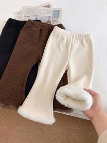 SHEIN Baby Girl Cute Casual Versatile Thermal Lined Elastic Waist Flared Leg Pants - Beige - View 1