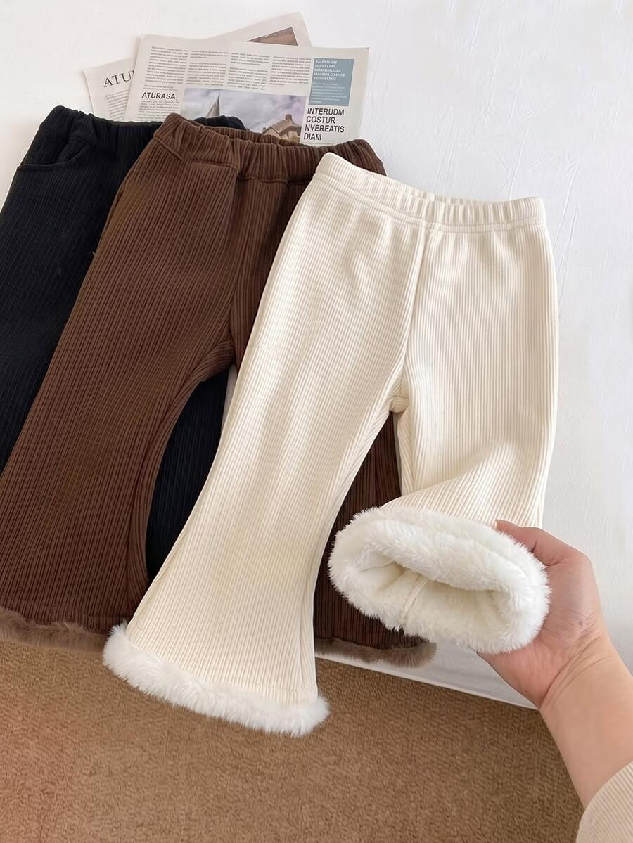 SHEIN Baby Girl Cute Casual Versatile Thermal Lined Elastic Waist Flared Leg Pants - Beige - View 1