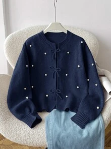 SHEIN 少女寬鬆休閒極簡舒適圓領長袖蝴蝶結串珠開襟衫，秋季返校季 - 藍色 - 查看 7