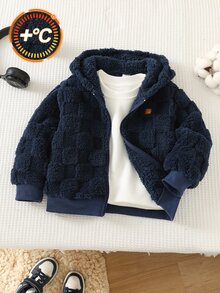 SHEIN Young Boy Decorative Woven Kids Label Hooded Long Sleeve Winter Jacket, Thermal Lined Thick - Navy Blue - View 6