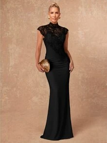 Lumalex Women's Lace Patchwork Pleated Casual Party Dress - Black - View 8