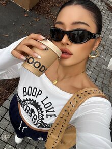 Betty Boop x DAZY Curve Plus Size Letter Print Cold Shoulder Fitted Long Sleeve White Sexy Top T-Shirt Fall Graphic Tees - White - View 1
