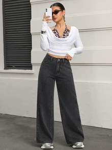 SHEIN PETITE Women's Casual Versatile Daily Travel Denim Jeans With Pockets And Buttons - Dark Grey - View 6