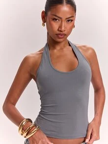 SHEIN BAE 女款針織純色灰色休閒通勤掛脖露背打結性感背心，日常穿著，T恤，寬鬆上衣，外出夜生活夜店夏季 - 深灰色 - 查看 7