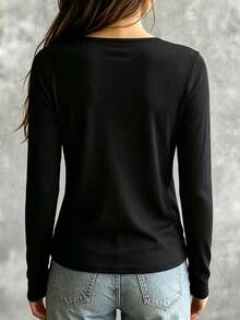 SHEIN Women's Autumn/Winter Gentle Style Pattern Burnout Hollow V-Neck Short Sleeve T-Shirt, Comfortable Loose Versatile, Inner Layer Long Sleeve T-Shirt - Black - View 2