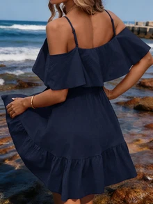 SHEIN Clasi 女款優雅波西米亞休閒細肩帶露肩舒適純棉純色海軍藍A字連身裙 度假夏季 - 藏蓝色 - 查看 7