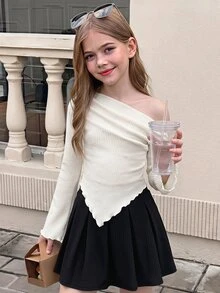 SHEIN 青少年女孩秋冬休閒優雅風針織羅紋不對稱肩褶袖長袖修身T恤上衣，日常穿著 - 米色 - 查看 3