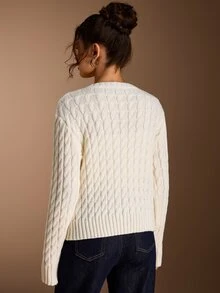 SHEIN BASICS Women's Solid Color Cable Knit Long Sleeve Button Up Casual French Basic Off-White Cardigan Work Office Brunch Outfits Autumn Back To School - White - View 6