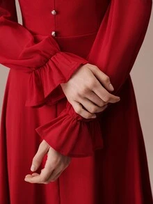 BELROSIE Women's Solid Color Pleated Casual Elegant Party Formal Dress Wedding Red Autumn - Burgundy - View 6
