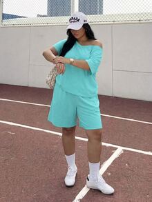 Muchica Conjunto de 2 piezas de top con cuello asimétrico y shorts de unicolor casual de verano para talla grande - Agua verde azul - Ver 6