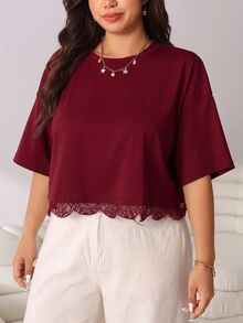 Solflare Burgundy Lace Patchwork Casual Plus Size Women's T-Shirt - Burgundy - View 3