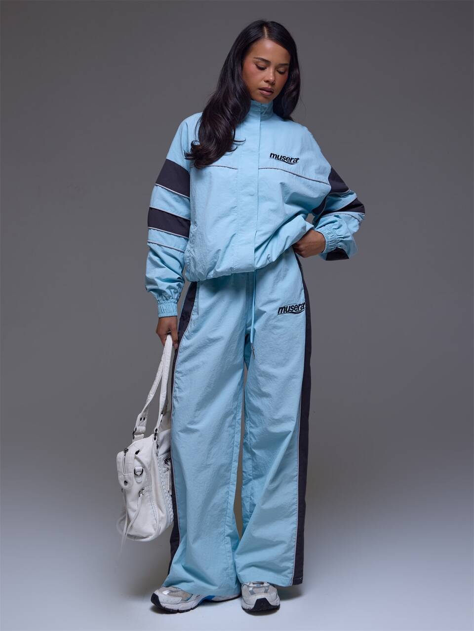Blue Funnel Neck Piping Detail Zip Through High Neck Jacket